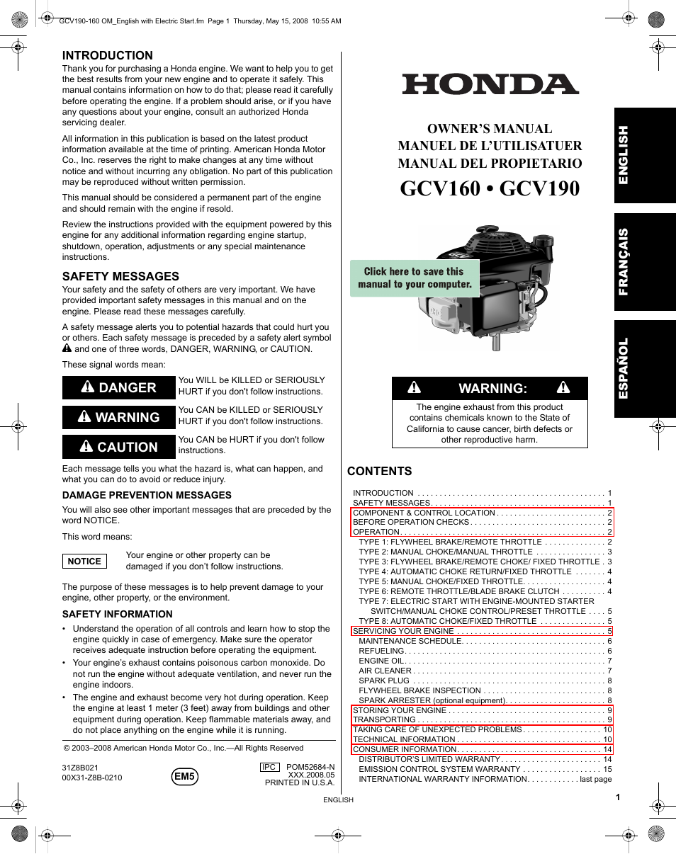 HONDA GCV190 User Manual | 48 pages