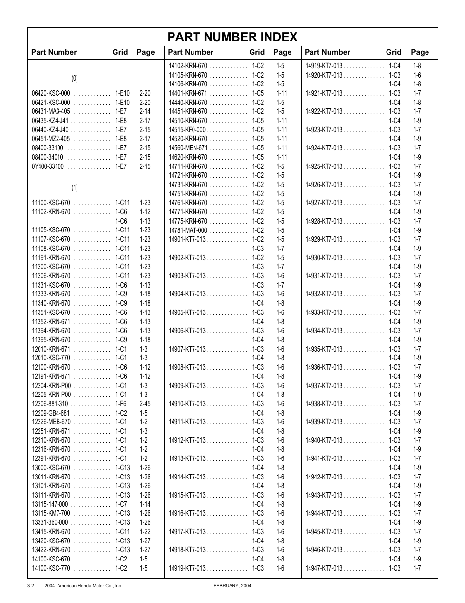 Part number index | HONDA CRF250X'04 User Manual | Page 100 / 118