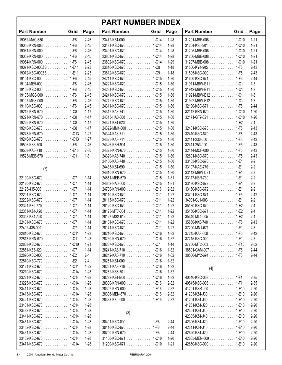 Part number index | HONDA CRF250X'04 User Manual | Page 102 / 118