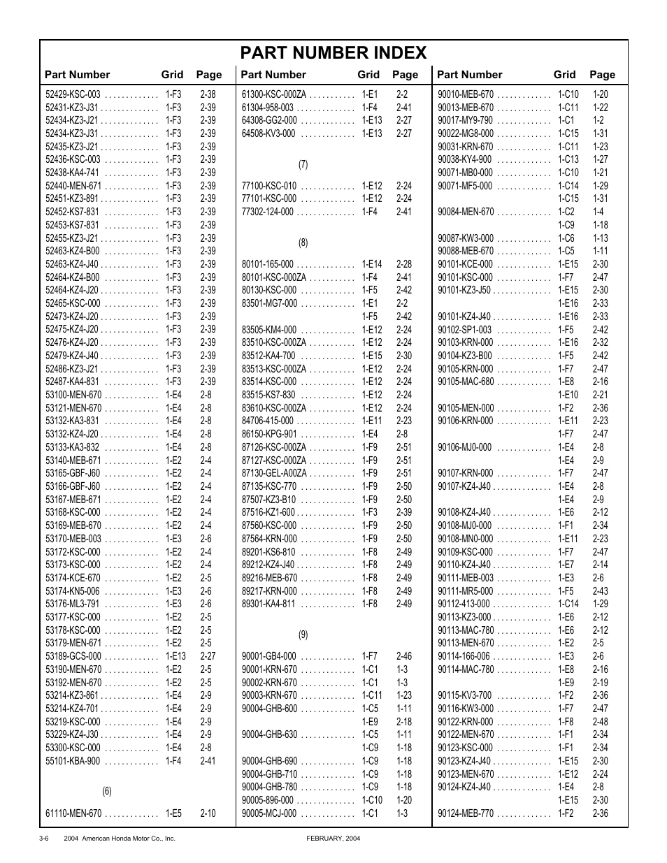 Part number index | HONDA CRF250X'04 User Manual | Page 104 / 118