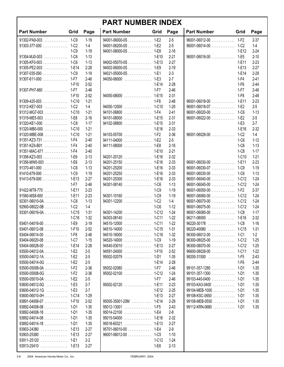 Part number index | HONDA CRF250X'04 User Manual | Page 106 / 118