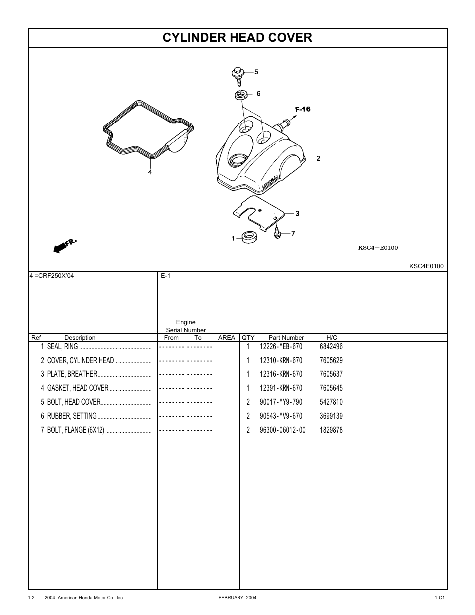 Cylinder head cover | HONDA CRF250X'04 User Manual | Page 12 / 118