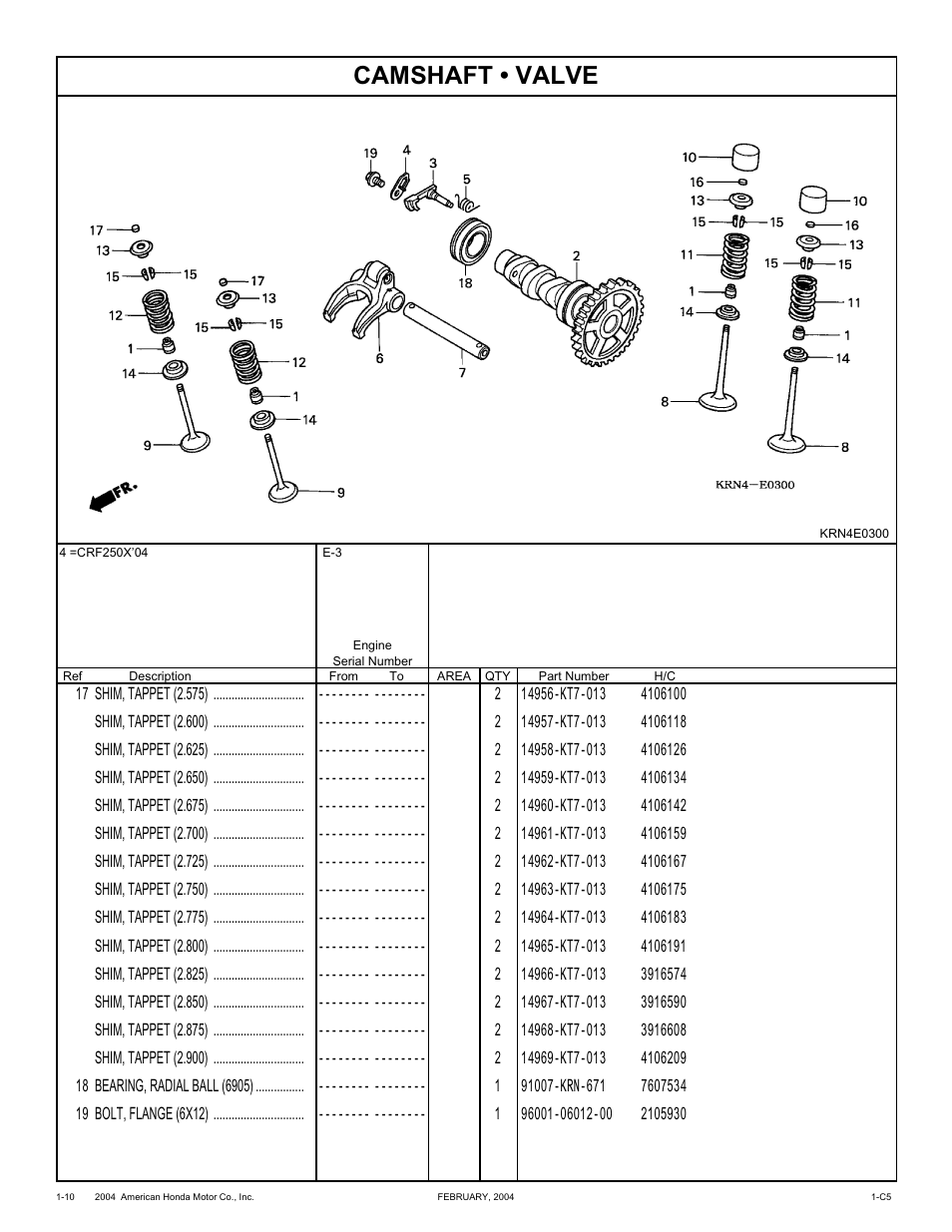 Camshaft • valve | HONDA CRF250X'04 User Manual | Page 20 / 118