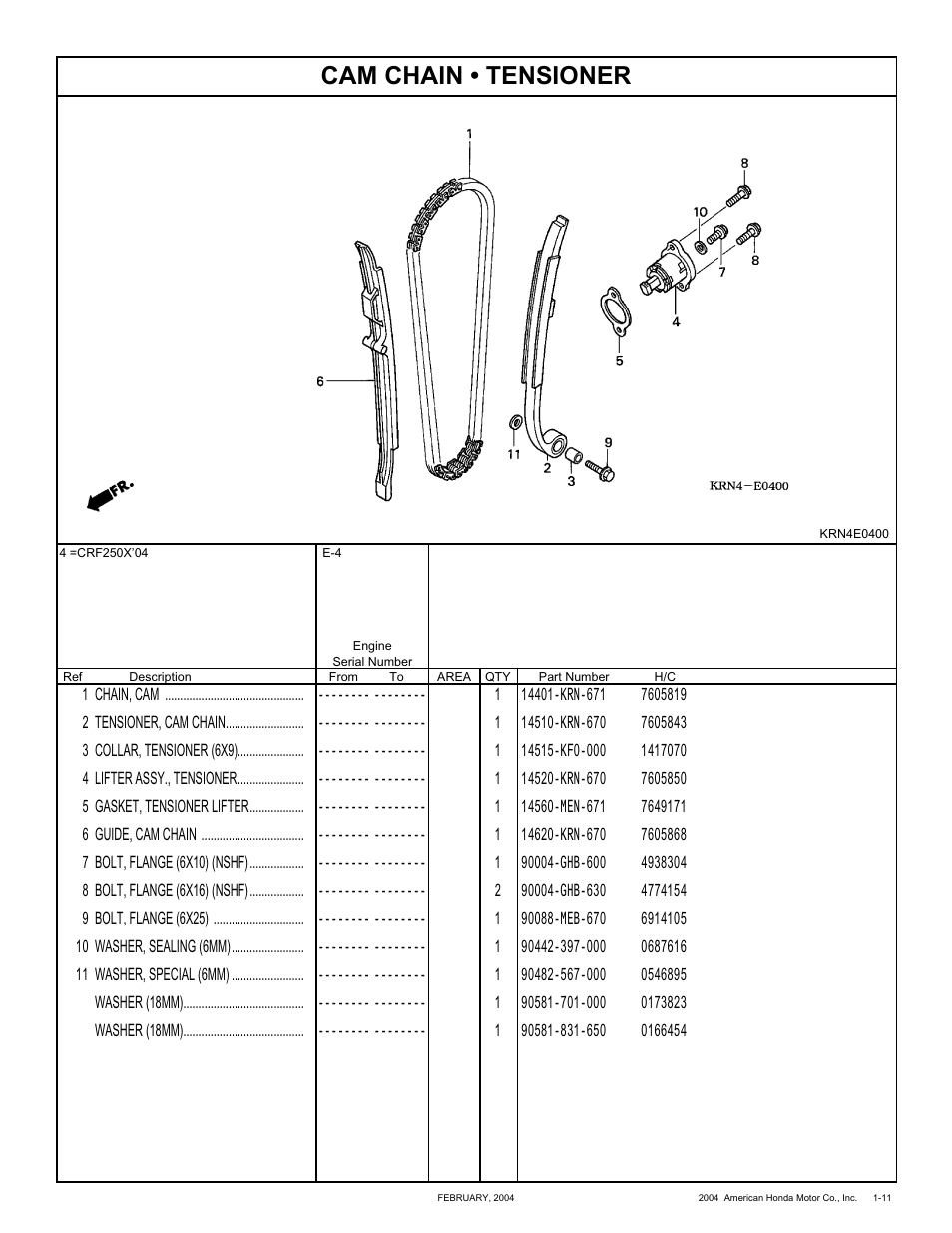 Cam chain • tensioner | HONDA CRF250X'04 User Manual | Page 21 / 118