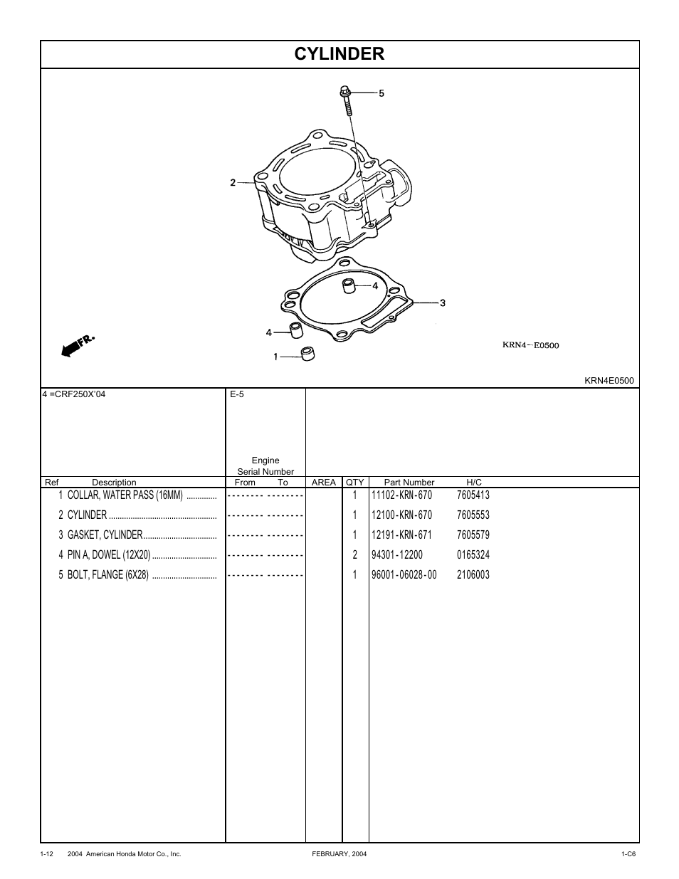 Cylinder | HONDA CRF250X'04 User Manual | Page 22 / 118