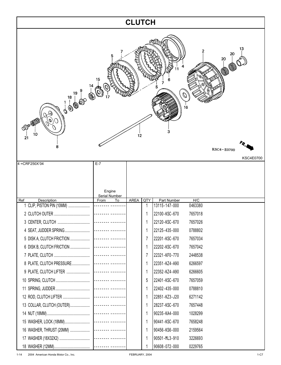 Clutch | HONDA CRF250X'04 User Manual | Page 24 / 118