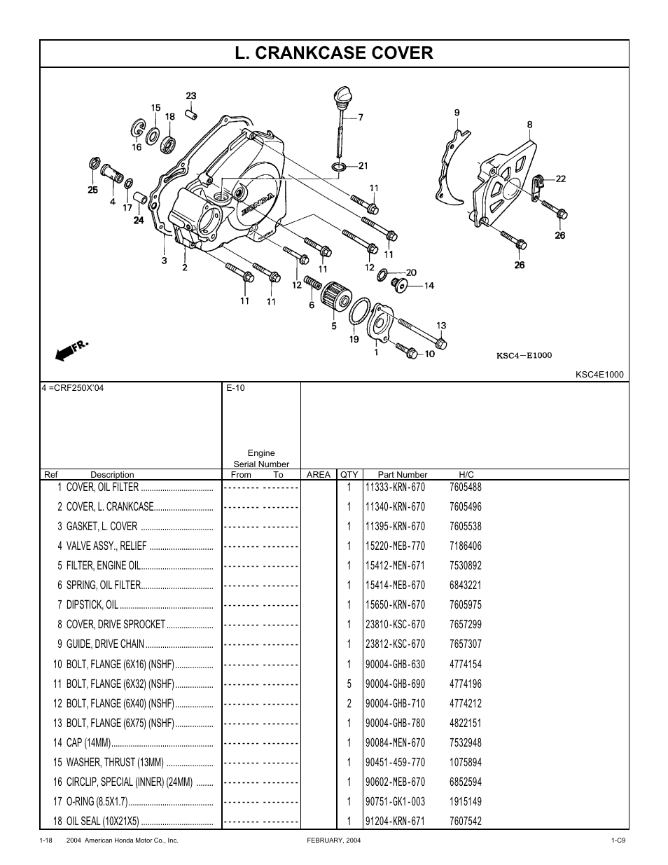 L. crankcase cover | HONDA CRF250X'04 User Manual | Page 28 / 118