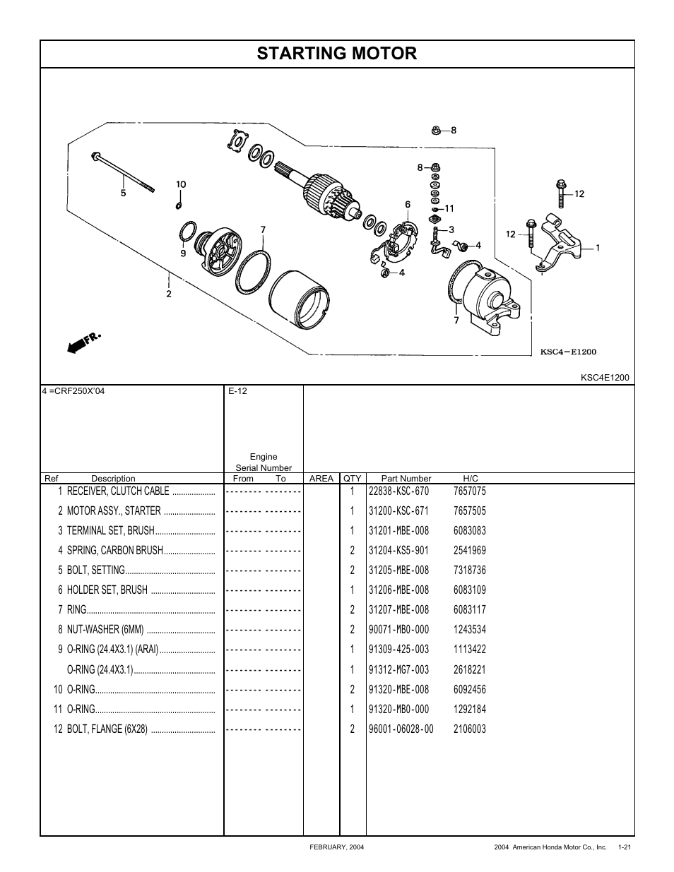 Starting motor | HONDA CRF250X'04 User Manual | Page 31 / 118