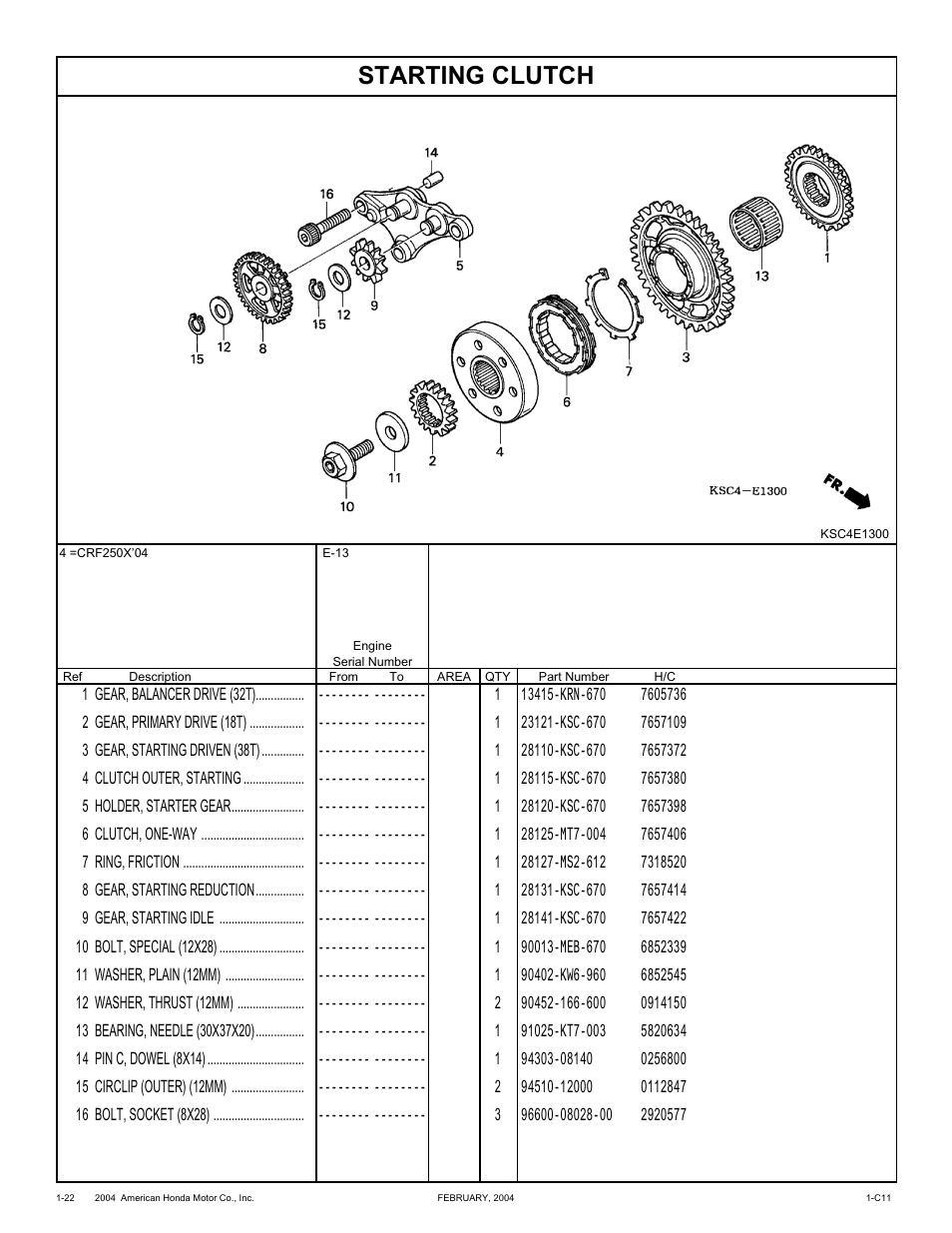 Starting clutch | HONDA CRF250X'04 User Manual | Page 32 / 118