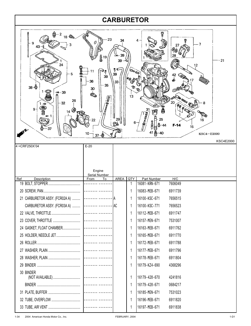 Carburetor | HONDA CRF250X'04 User Manual | Page 44 / 118