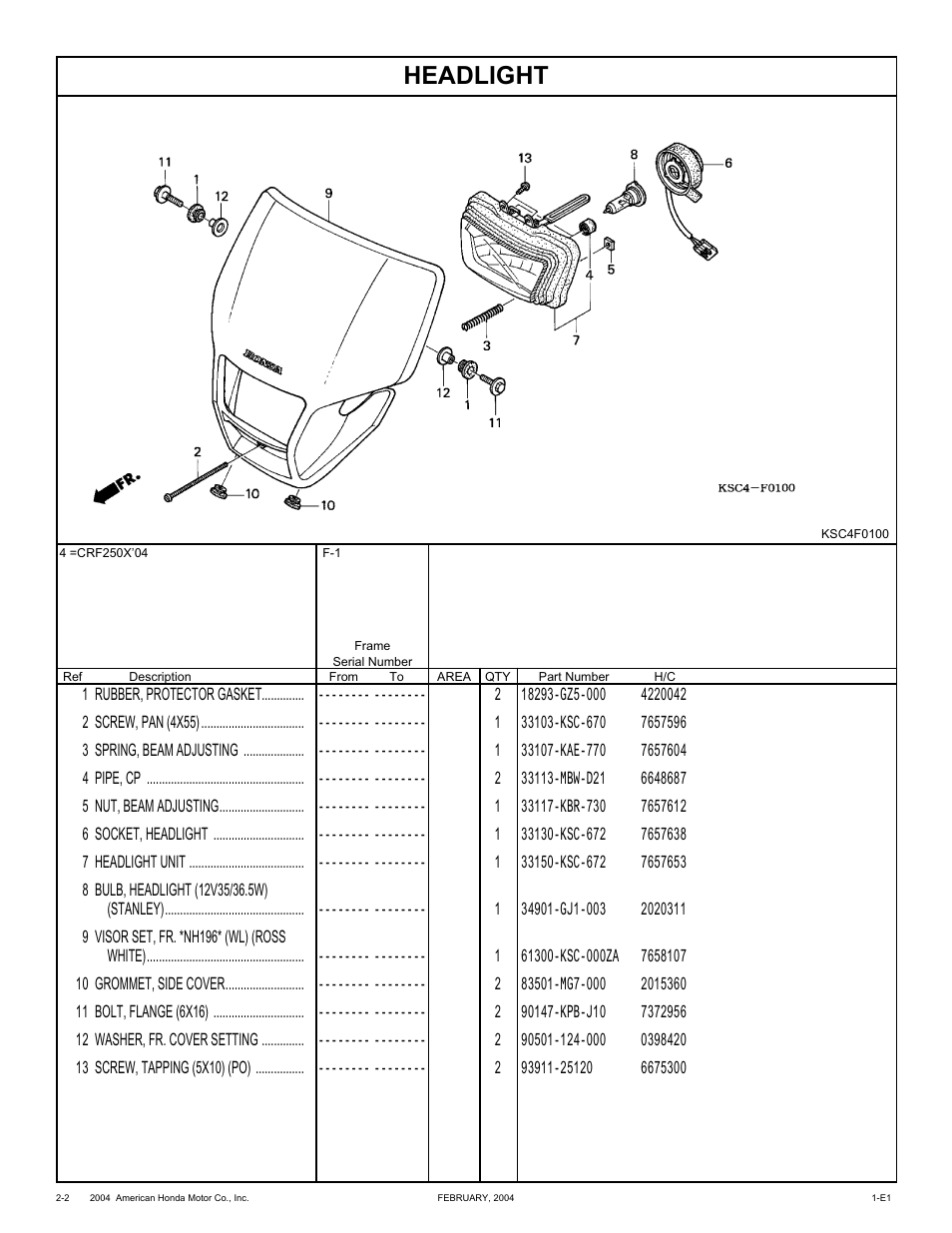 Headlight | HONDA CRF250X'04 User Manual | Page 48 / 118