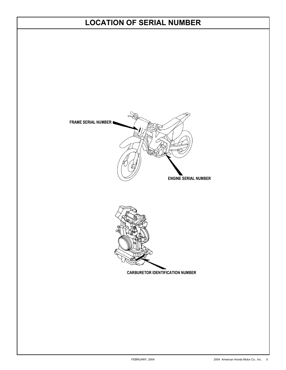 Location of serial number | HONDA CRF250X'04 User Manual | Page 5 / 118