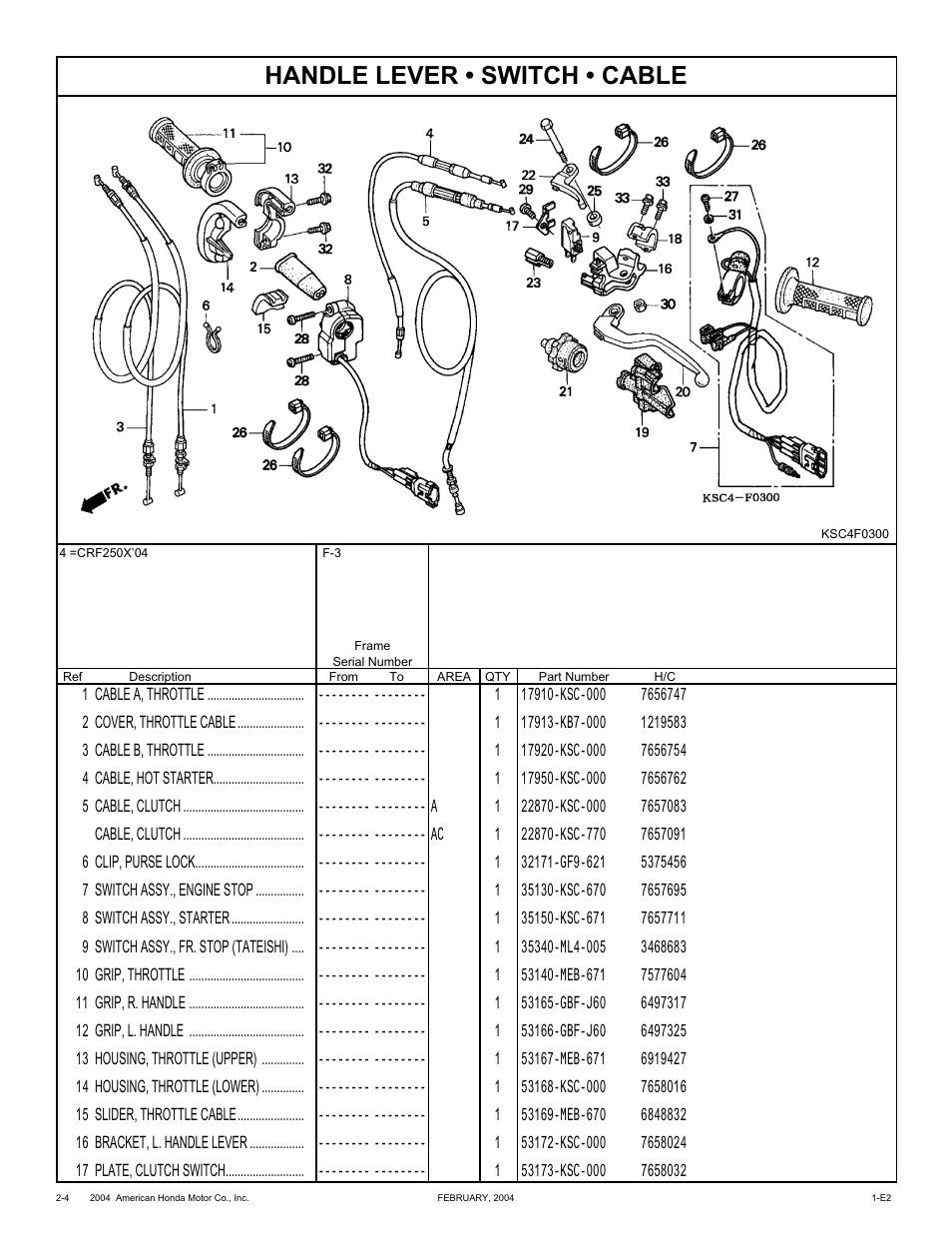 Handle lever • switch • cable | HONDA CRF250X'04 User Manual | Page 50 / 118