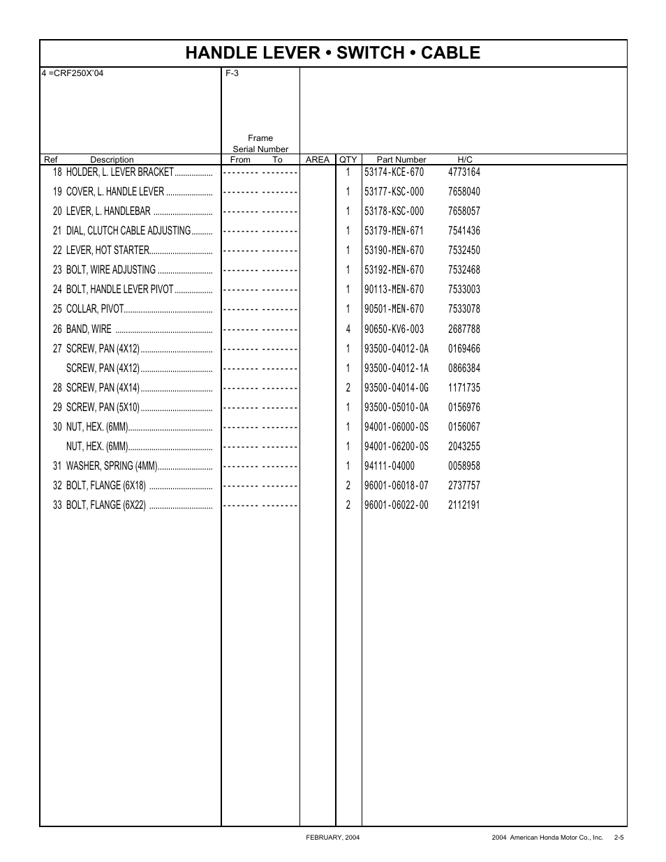 Handle lever • switch • cable | HONDA CRF250X'04 User Manual | Page 51 / 118