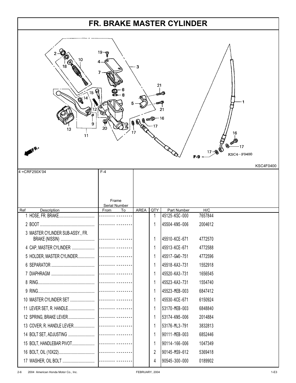 Fr. brake master cylinder | HONDA CRF250X'04 User Manual | Page 52 / 118