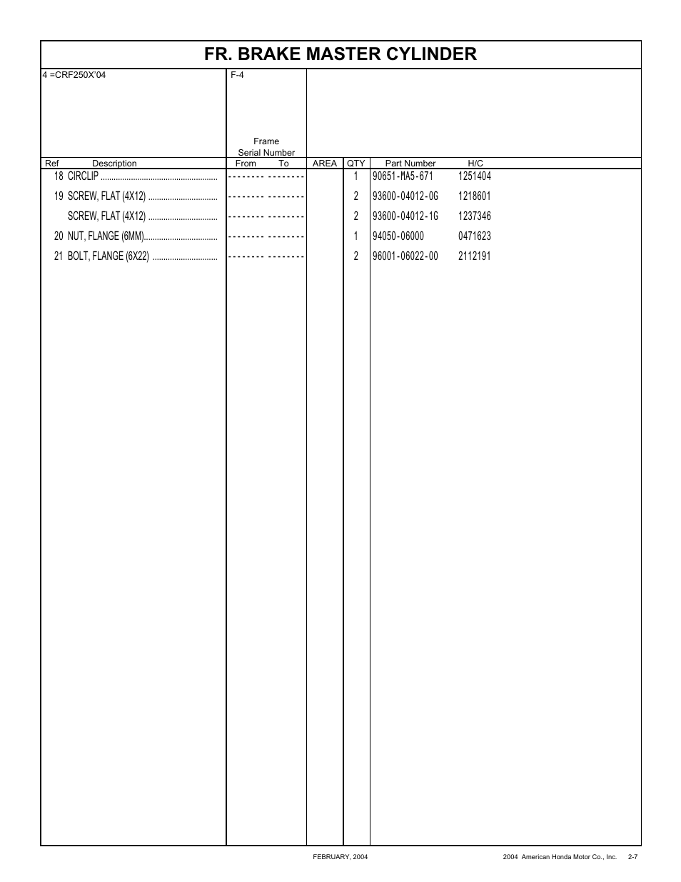 Fr. brake master cylinder | HONDA CRF250X'04 User Manual | Page 53 / 118