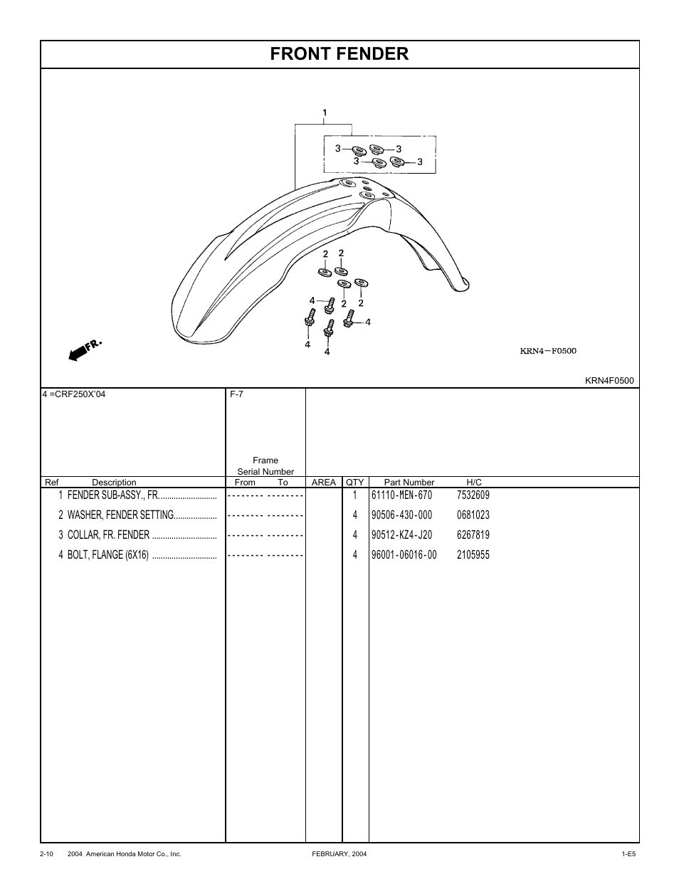 Front fender | HONDA CRF250X'04 User Manual | Page 56 / 118