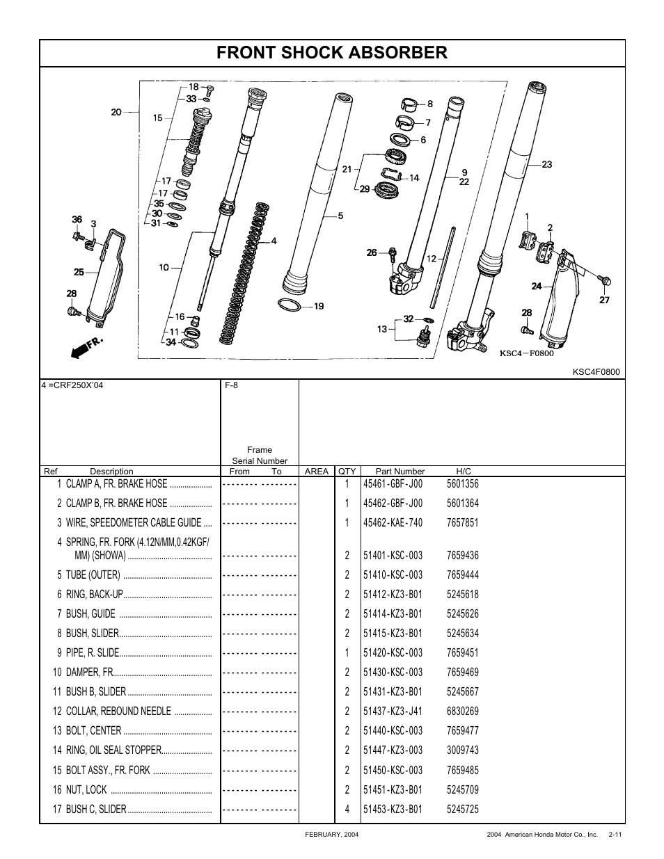 Front shock absorber | HONDA CRF250X'04 User Manual | Page 57 / 118