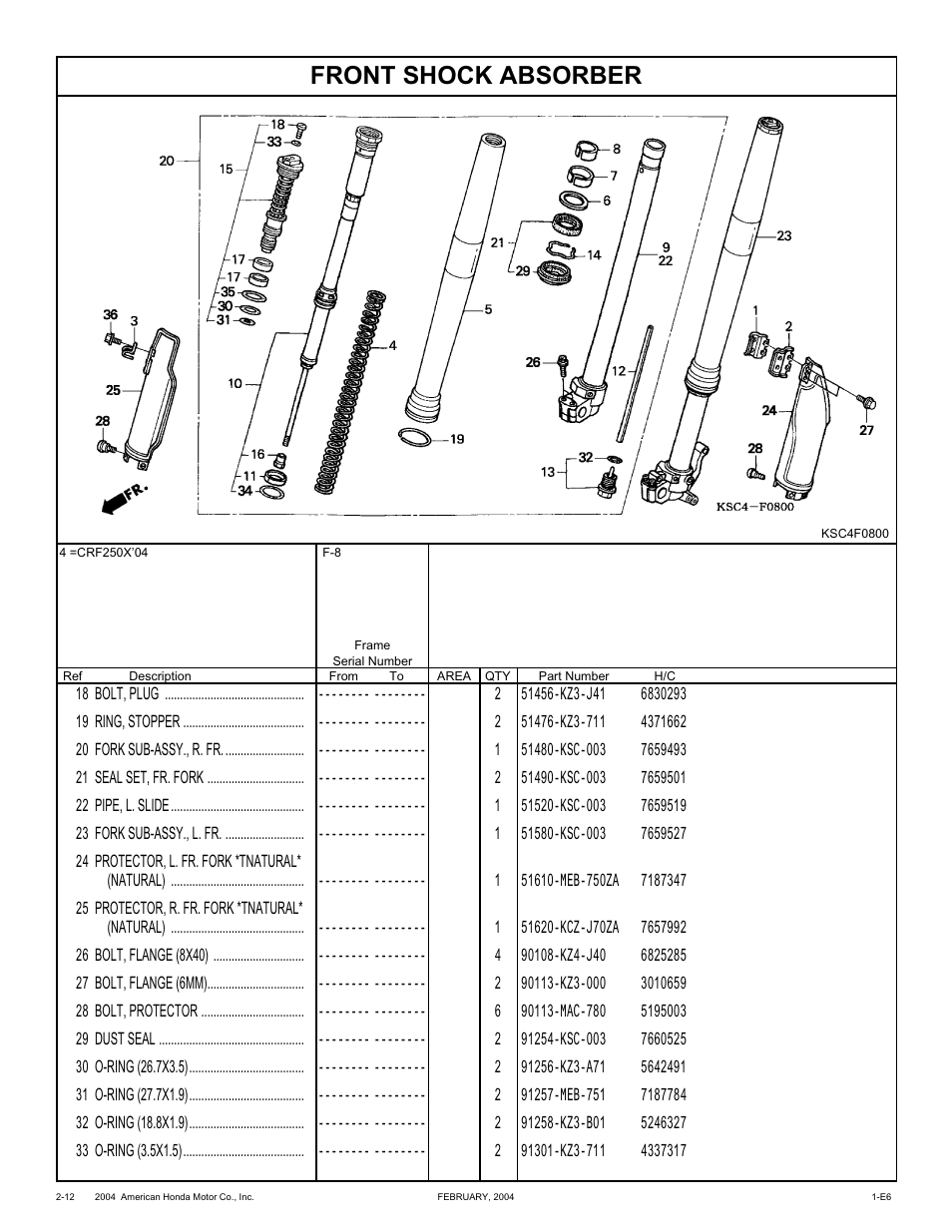 Front shock absorber | HONDA CRF250X'04 User Manual | Page 58 / 118