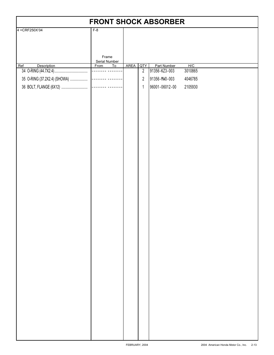 Front shock absorber | HONDA CRF250X'04 User Manual | Page 59 / 118