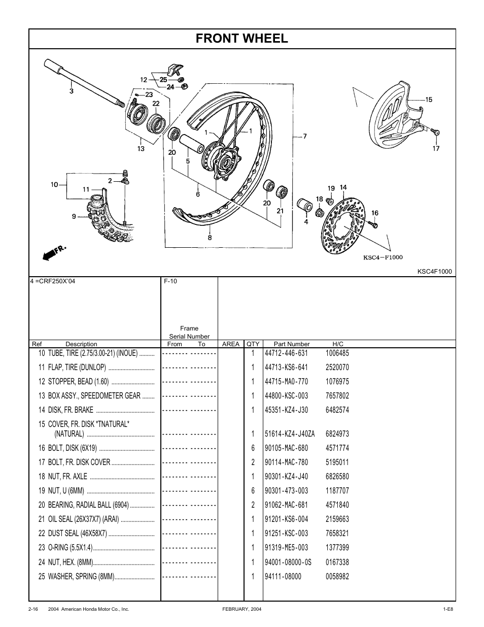 Front wheel | HONDA CRF250X'04 User Manual | Page 62 / 118