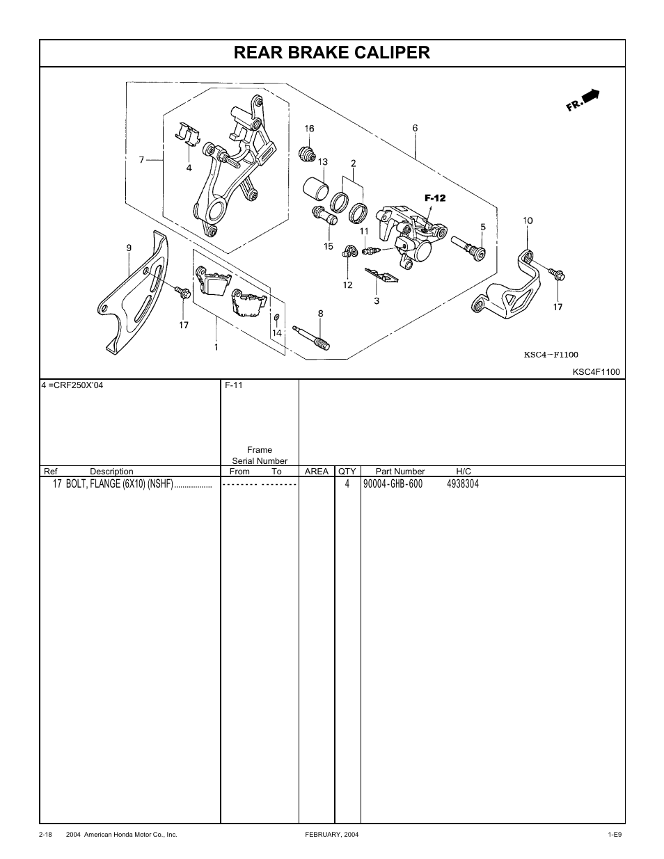 Rear brake caliper | HONDA CRF250X'04 User Manual | Page 64 / 118