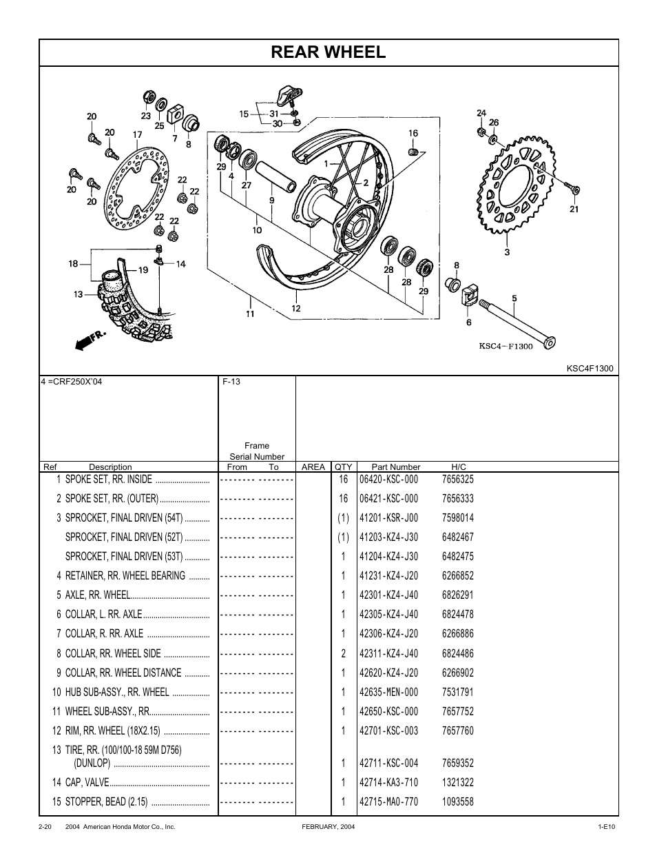 Rear wheel | HONDA CRF250X'04 User Manual | Page 66 / 118