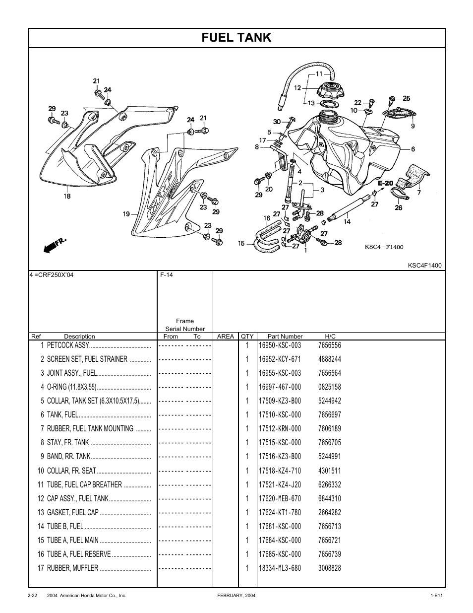 Fuel tank | HONDA CRF250X'04 User Manual | Page 68 / 118