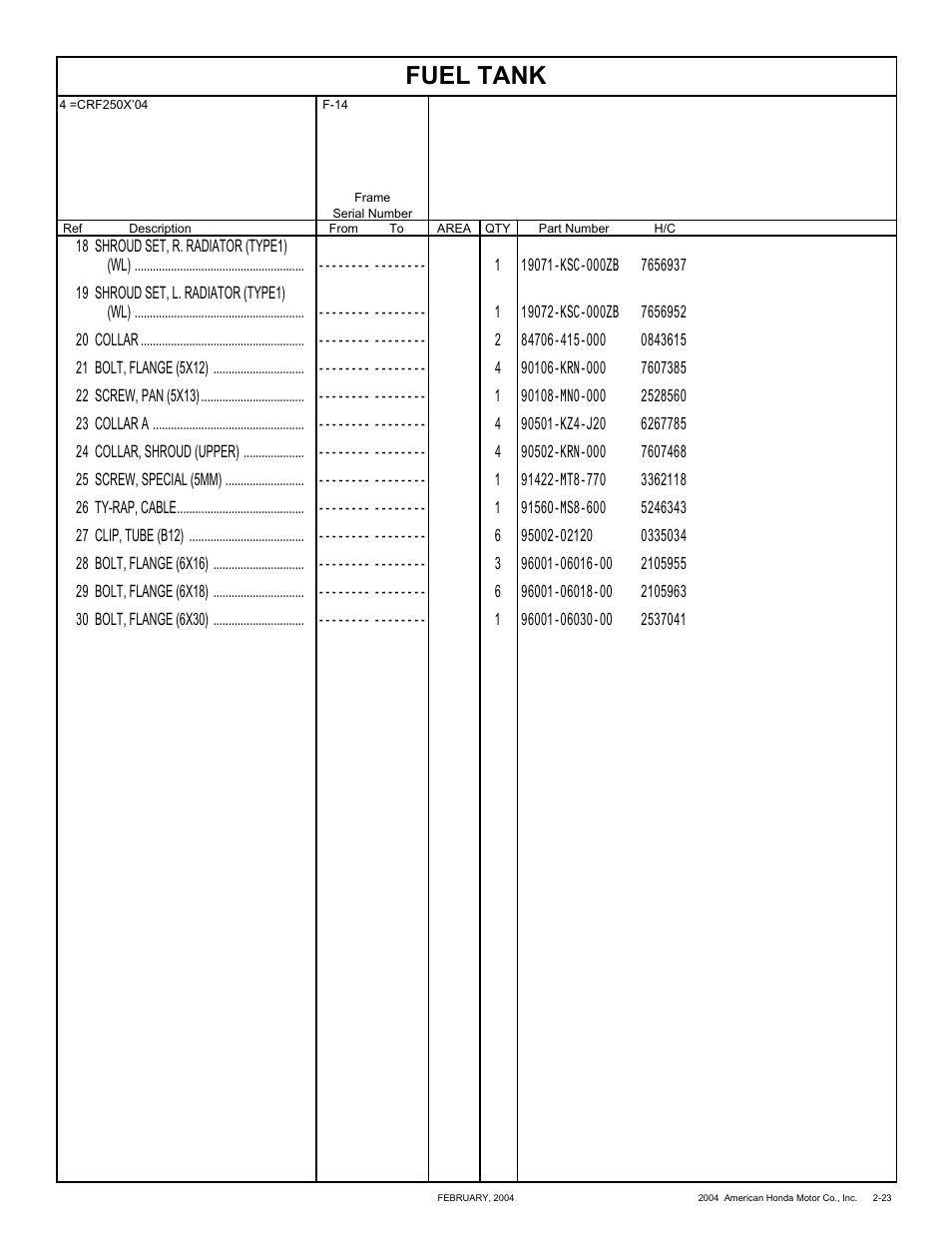 Fuel tank | HONDA CRF250X'04 User Manual | Page 69 / 118