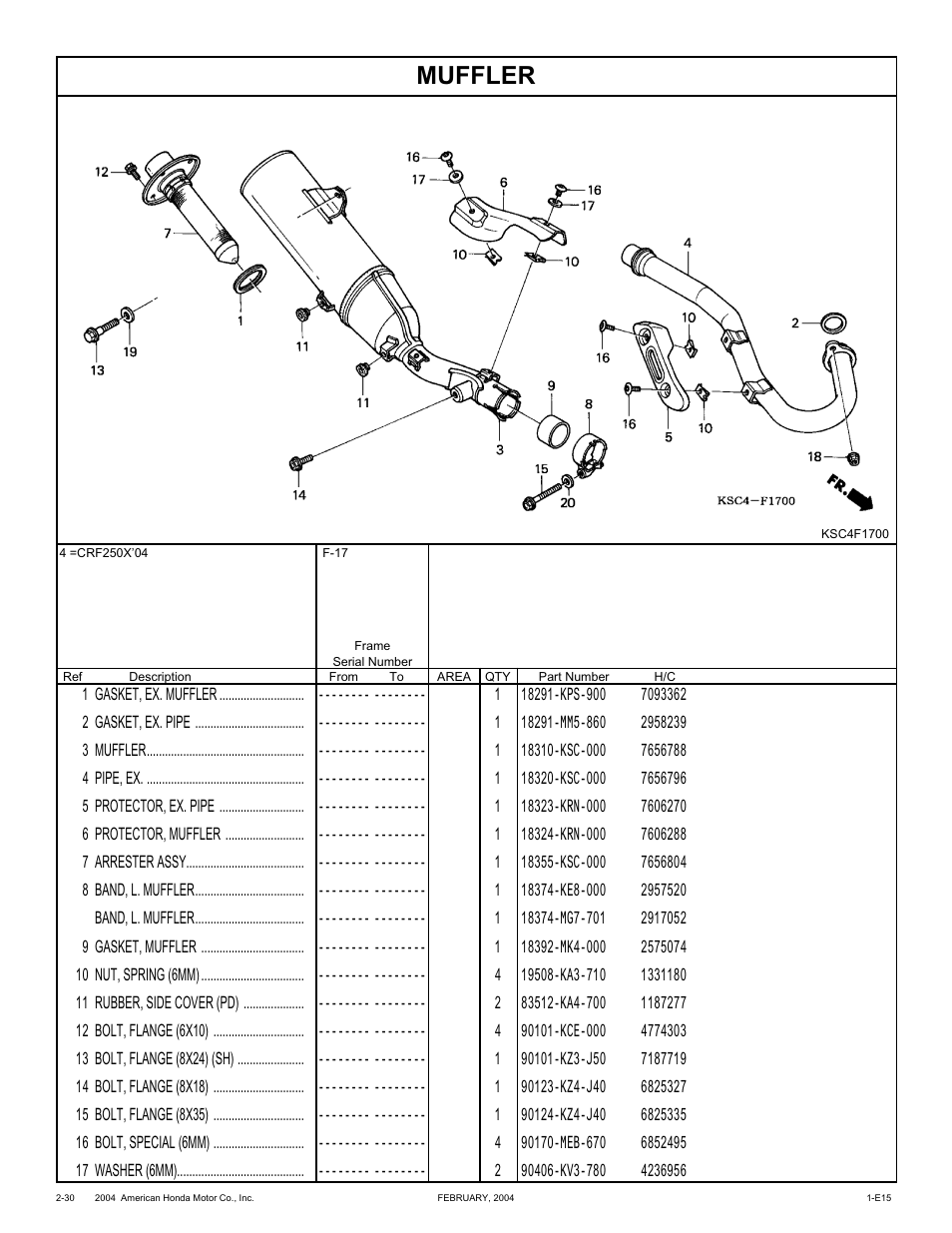 Muffler | HONDA CRF250X'04 User Manual | Page 76 / 118