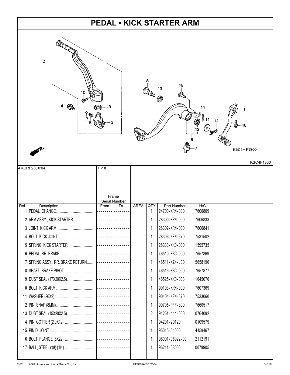 Pedal • kick starter arm | HONDA CRF250X'04 User Manual | Page 78 / 118