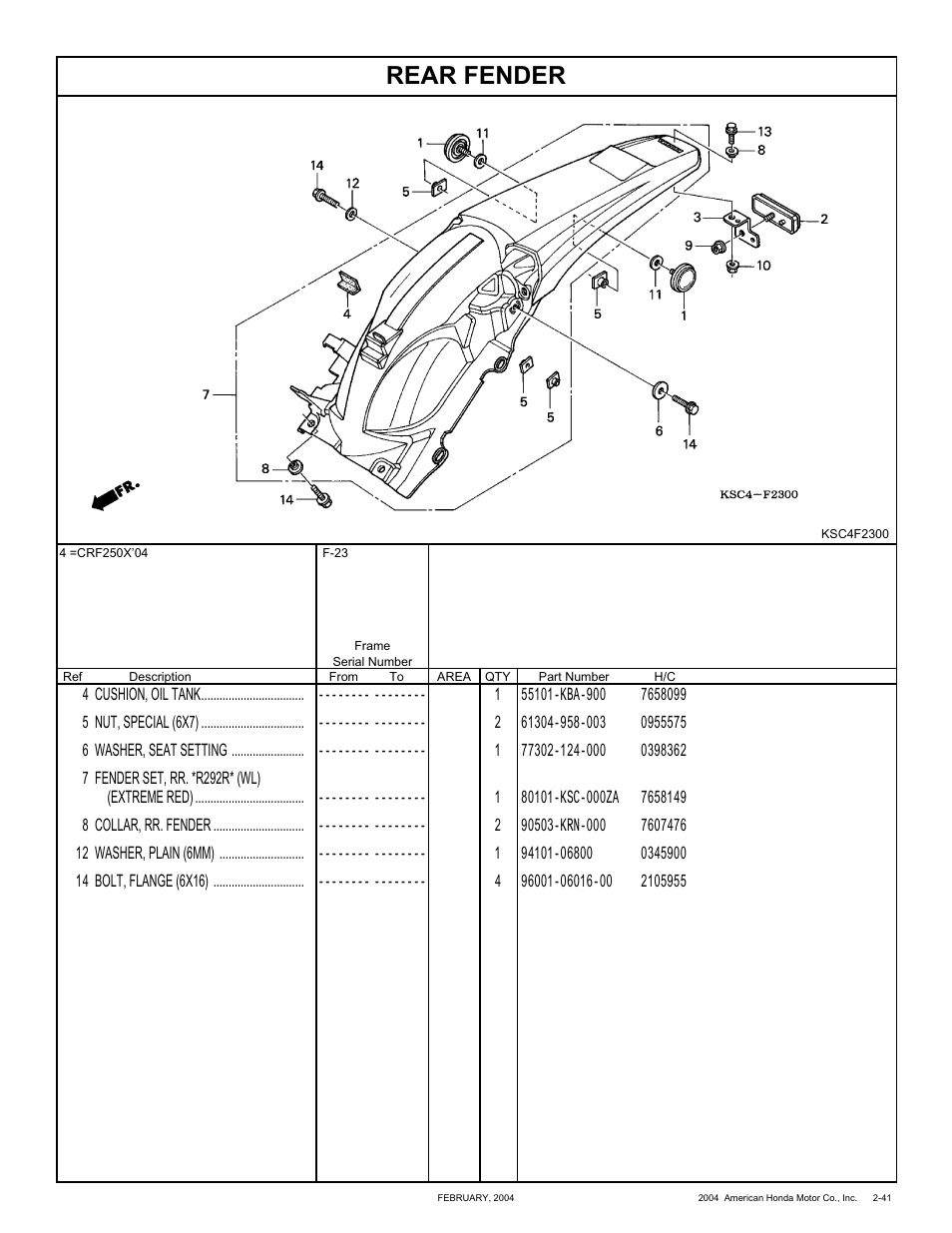 Rear fender | HONDA CRF250X'04 User Manual | Page 87 / 118