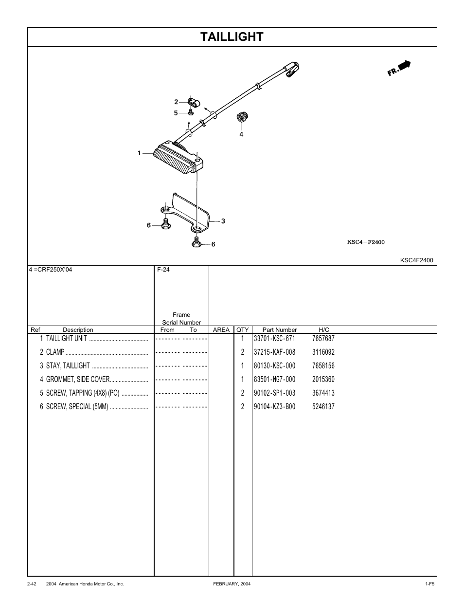 Taillight | HONDA CRF250X'04 User Manual | Page 88 / 118