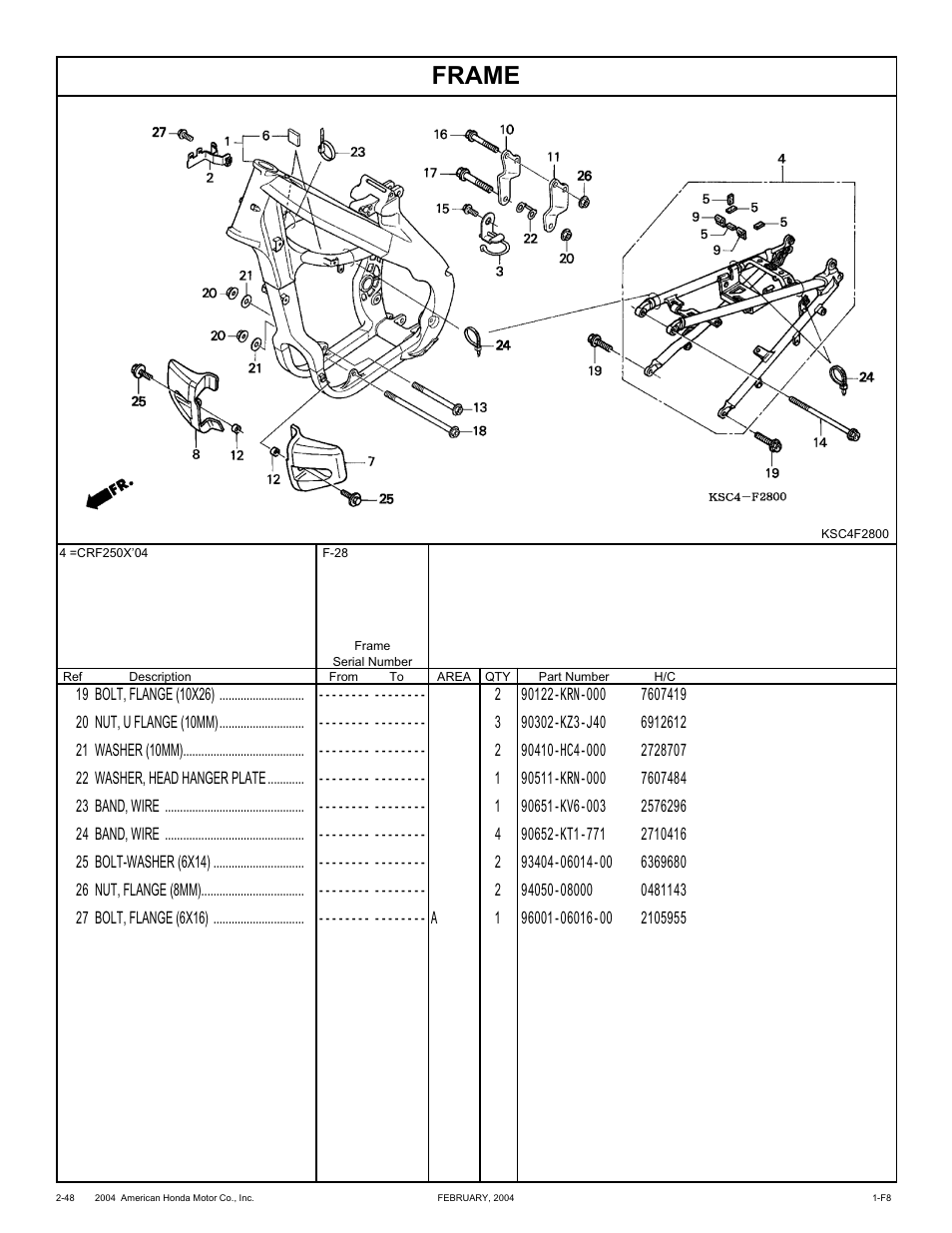 Frame | HONDA CRF250X'04 User Manual | Page 94 / 118