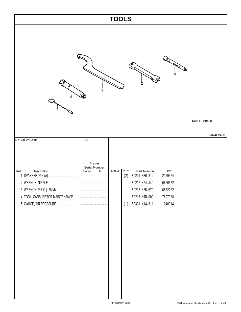 Tools | HONDA CRF250X'04 User Manual | Page 95 / 118