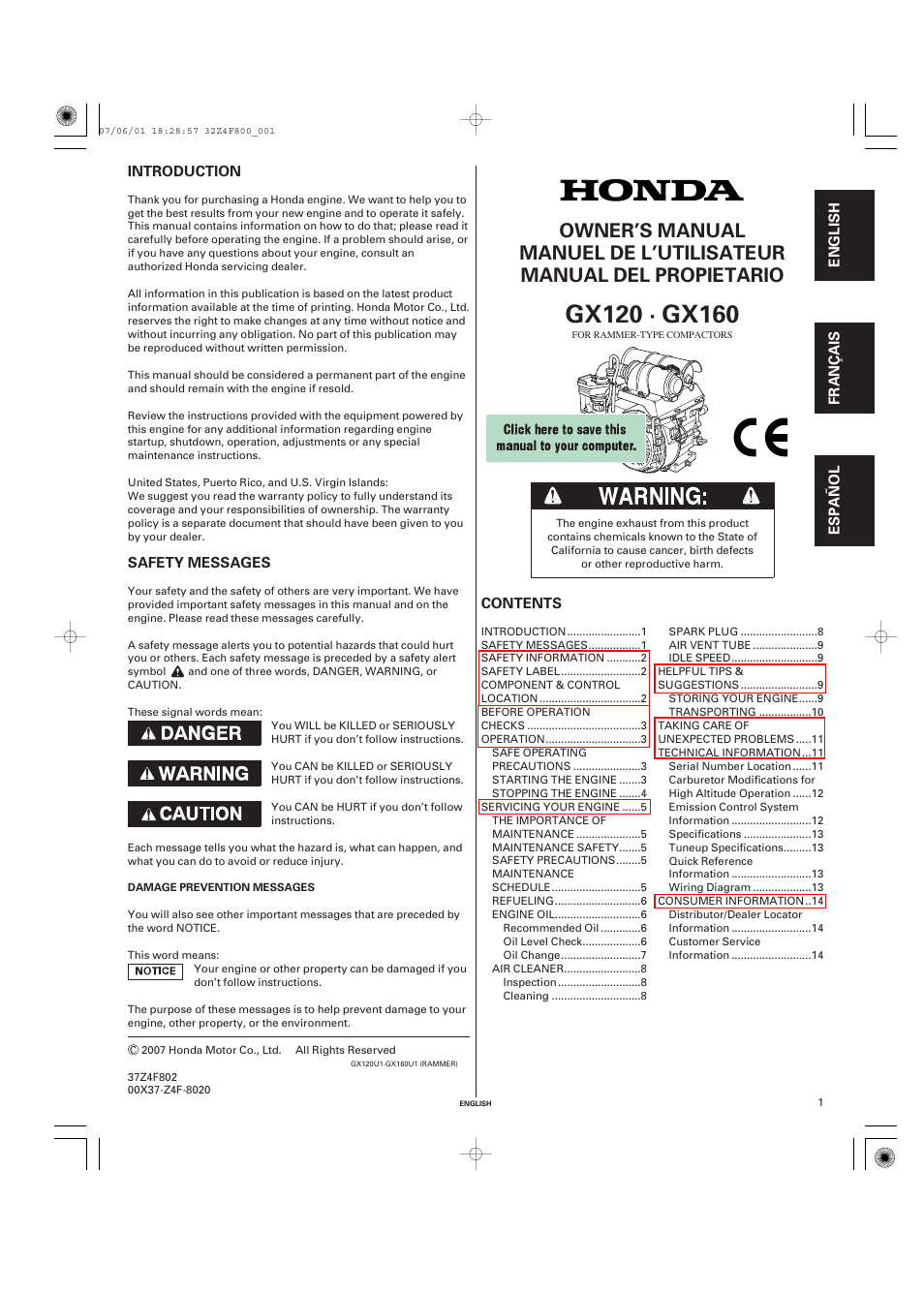 HONDA GX160 User Manual | 43 pages
