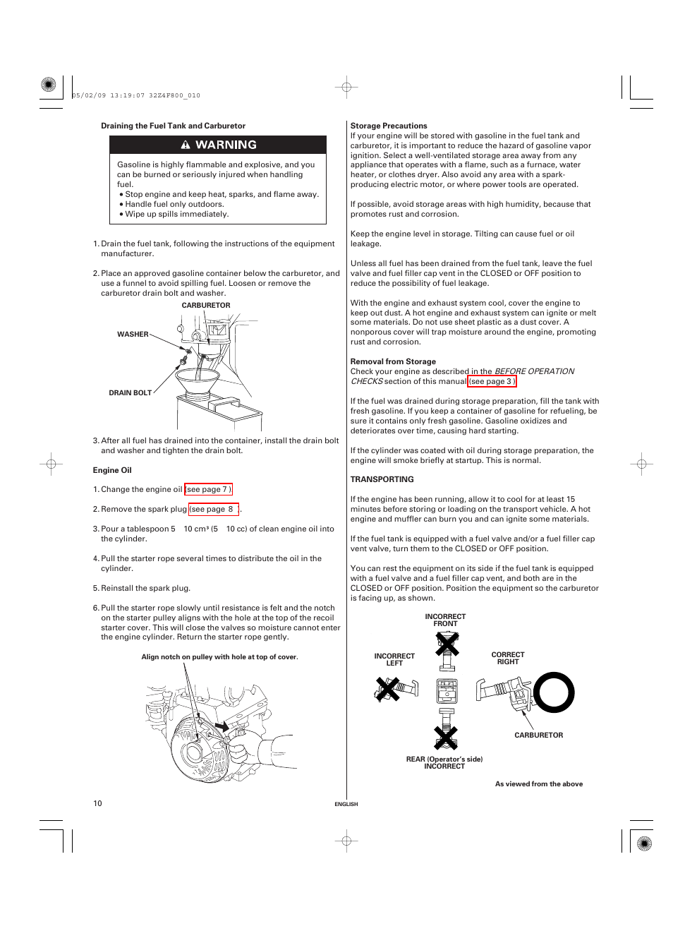 Engine oil, Storage precautions, Removal from storage | Transporting | HONDA GX160 User Manual | Page 10 / 43