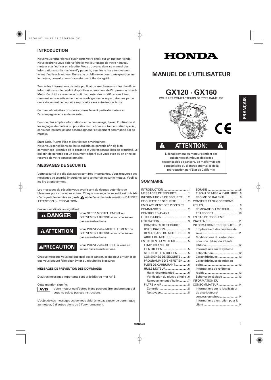 Français, Manuel de l’utilisateur, Fr anç a is | HONDA GX160 User Manual | Page 16 / 43