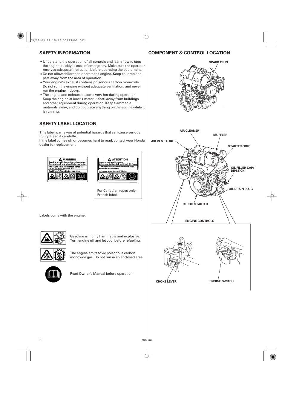 Safety information, Safety label location, Component & control location | Safety label, Component & control, Location | HONDA GX160 User Manual | Page 2 / 43