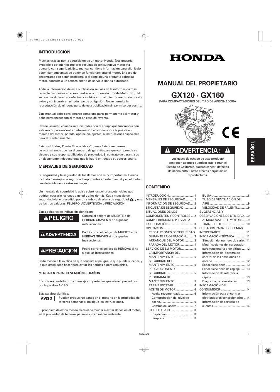 Español, Manual del propietario | HONDA GX160 User Manual | Page 30 / 43