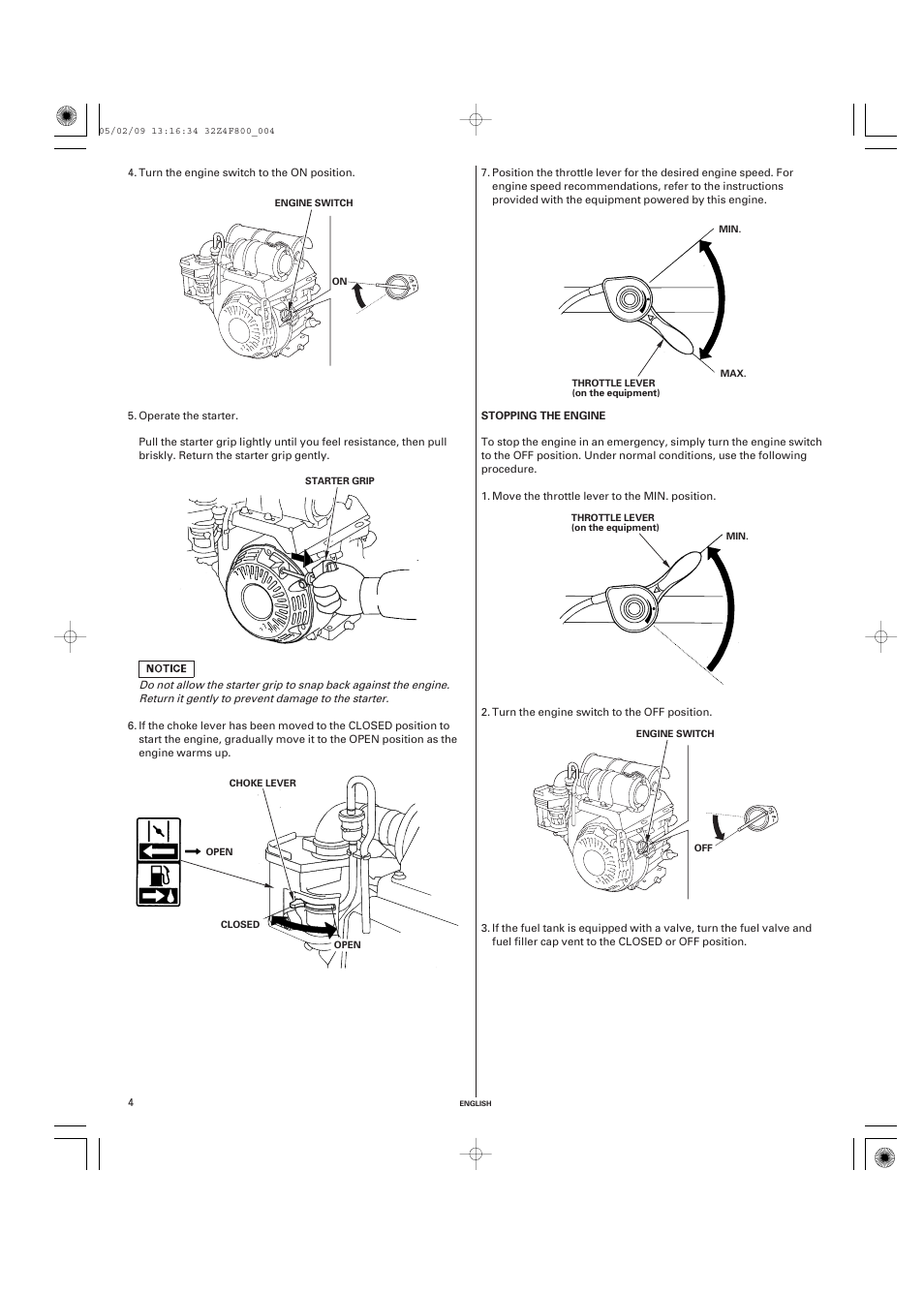 Stopping the engine | HONDA GX160 User Manual | Page 4 / 43