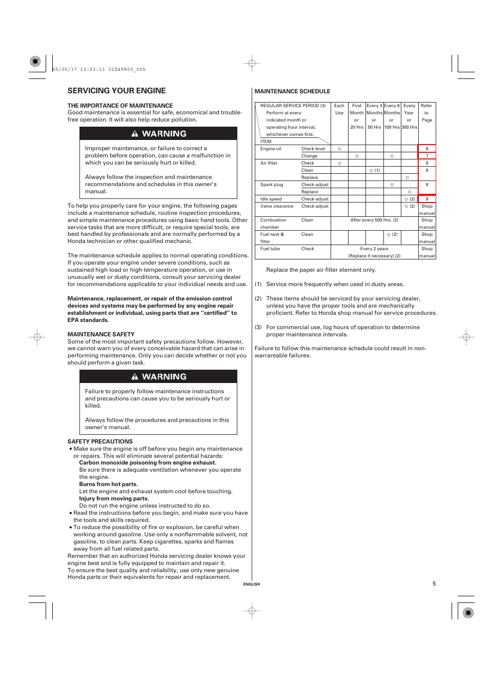 Servicing your engine, The importance of maintenance, Maintenance safety | Safety precautions, Maintenance schedule | HONDA GX160 User Manual | Page 5 / 43
