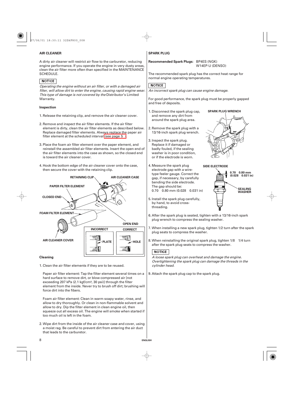 Air cleaner, Spark plug | HONDA GX160 User Manual | Page 8 / 43