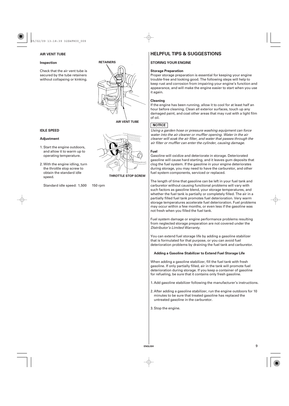 Air vent tube, Idle speed, Helpful tips & suggestions | Storing your engine, Storage preparation, Cleaning, Fuel, Helpful tips, Suggestions | HONDA GX160 User Manual | Page 9 / 43