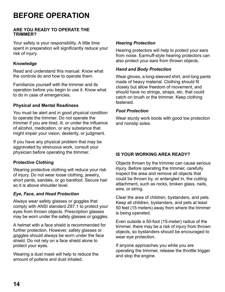 Before operation, Are you ready to operate the trimmer, Is your working area ready | HONDA HHT31S User Manual | Page 16 / 66