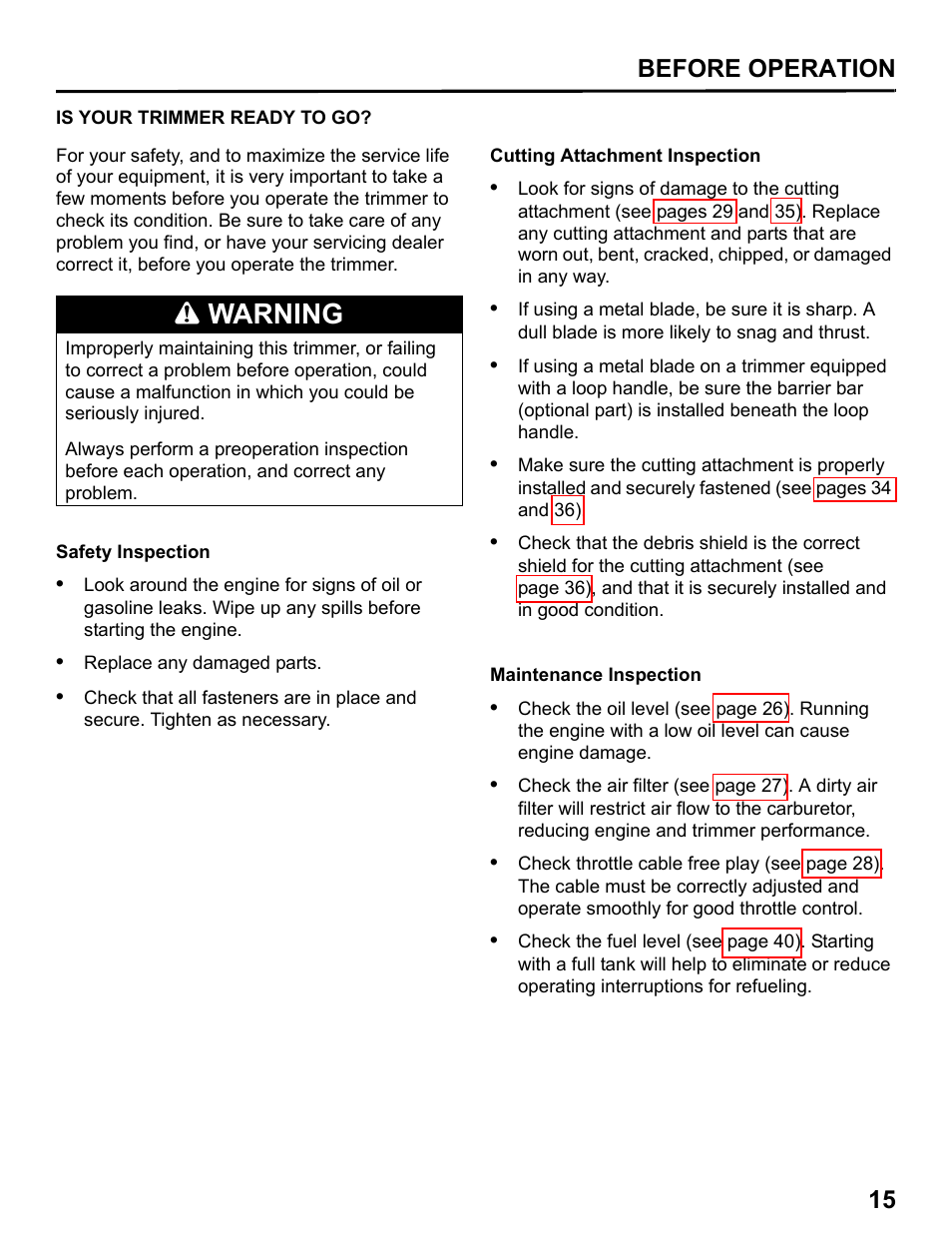 Is your trimmer ready to go, Warning, Before operation 15 | HONDA HHT31S User Manual | Page 17 / 66