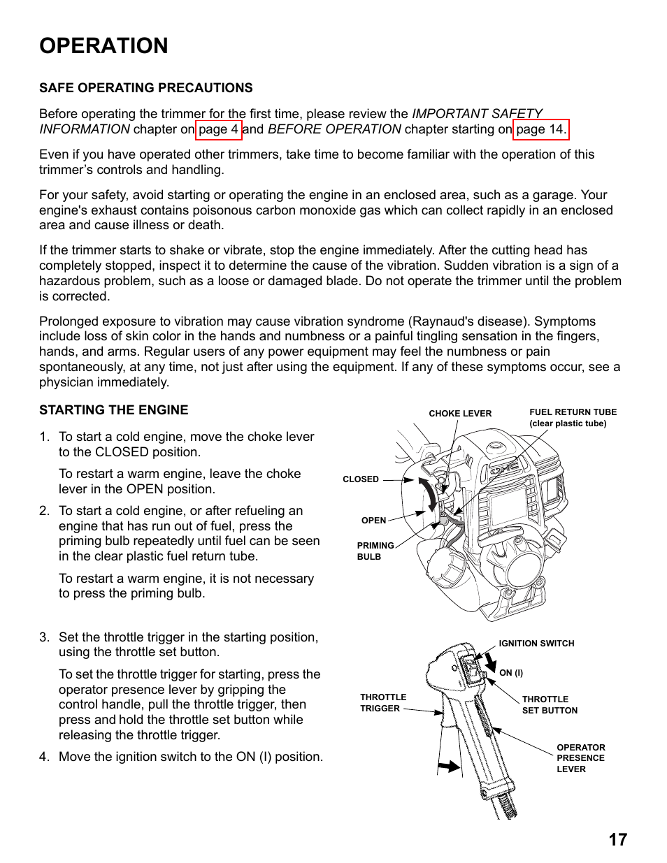Operation, Safe operating precautions, Starting the engine | HONDA HHT31S User Manual | Page 19 / 66
