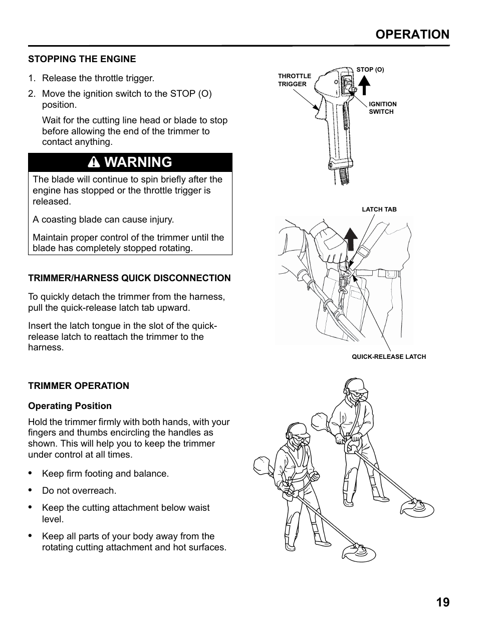 Stopping the engine, Trimmer/harness quick disconnection, Trimmer operation | Warning, Operation 19 | HONDA HHT31S User Manual | Page 21 / 66