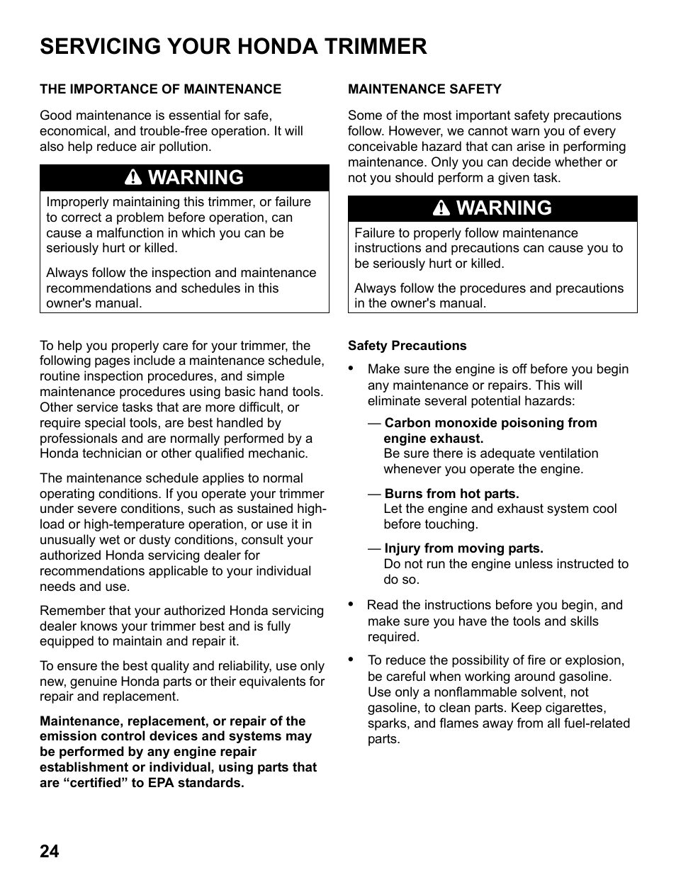 Servicing your honda trimmer, The importance of maintenance, Maintenance safety | Warning | HONDA HHT31S User Manual | Page 26 / 66
