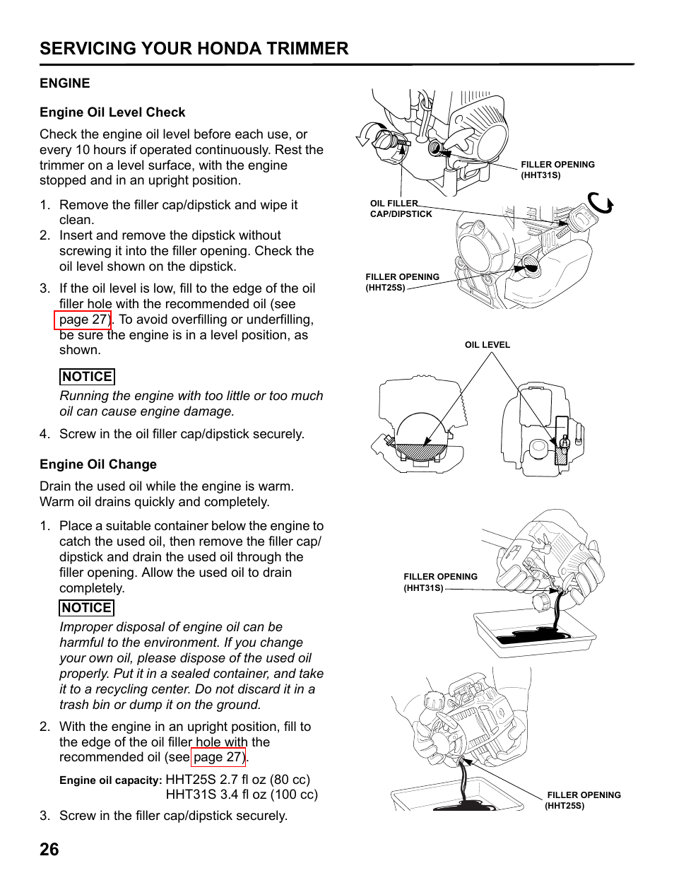Engine, Engine oil level check, Engine oil change | 26 servicing your honda trimmer | HONDA HHT31S User Manual | Page 28 / 66